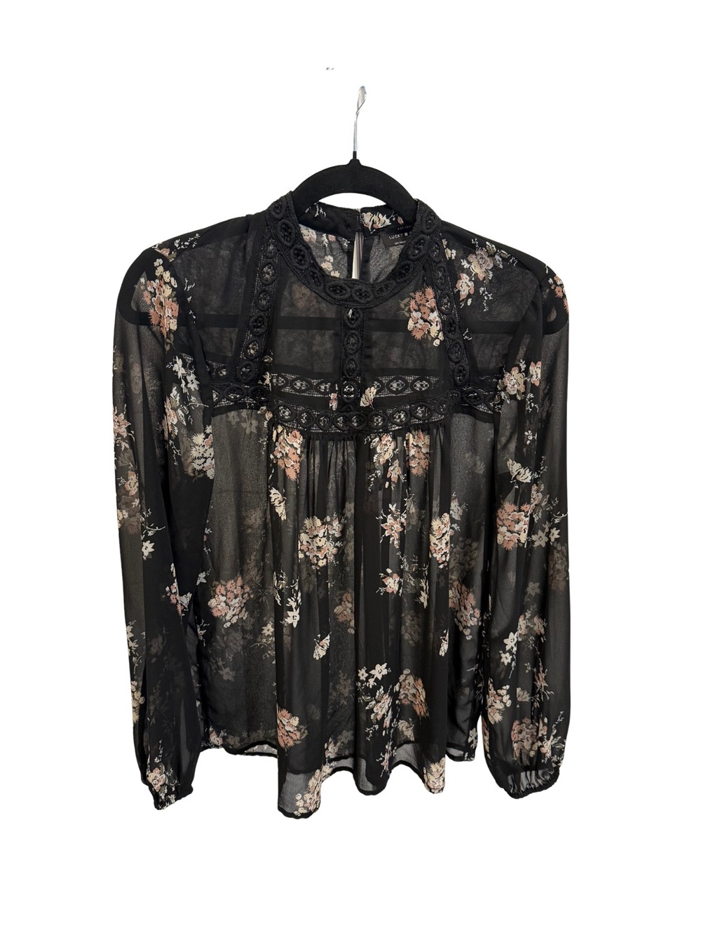 Lucky Brand Black Floral Lace Yoke Blouse